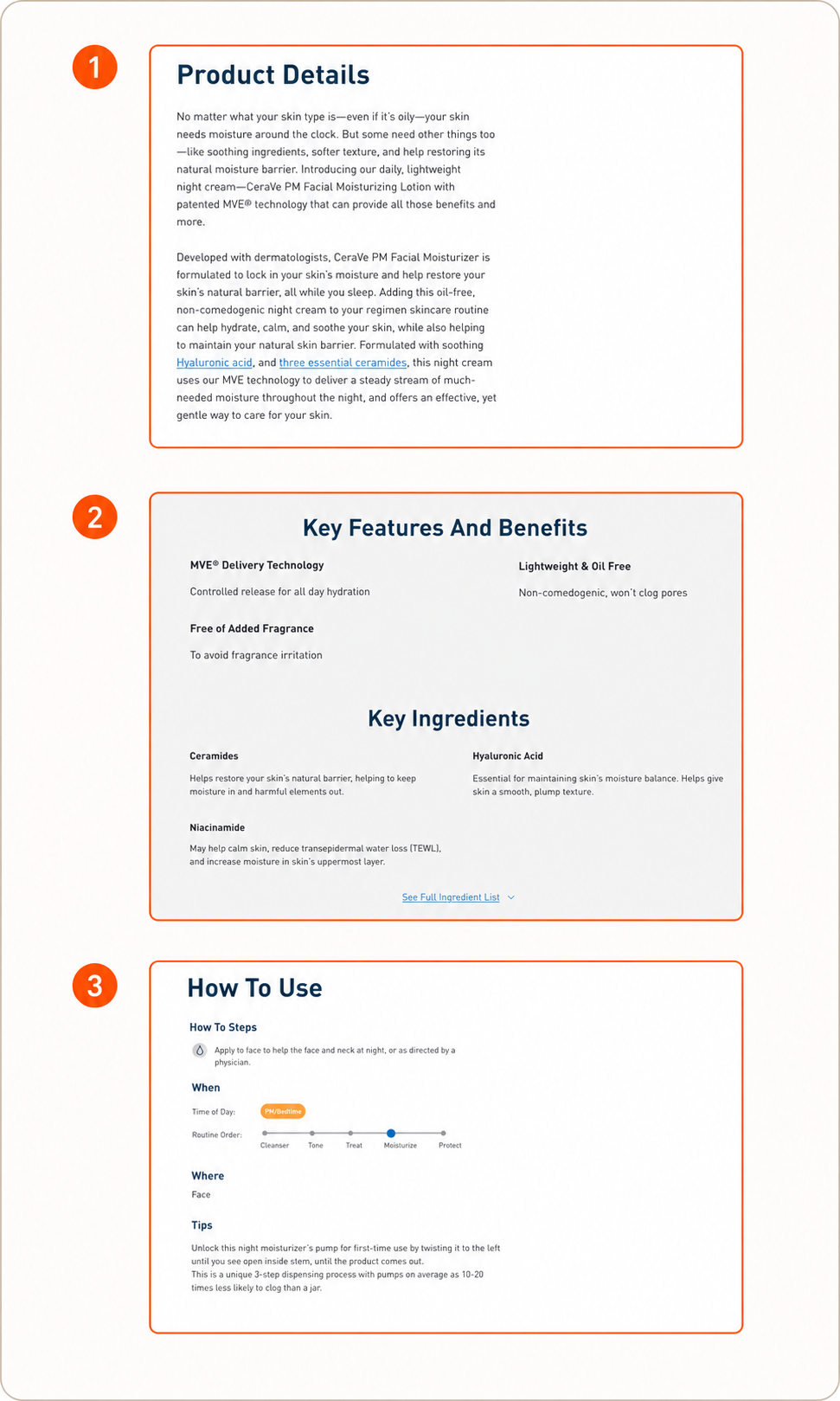 CeraVe's official PDP separates product details, key features, ingredients, and how-to-use instructions into visible text sections.