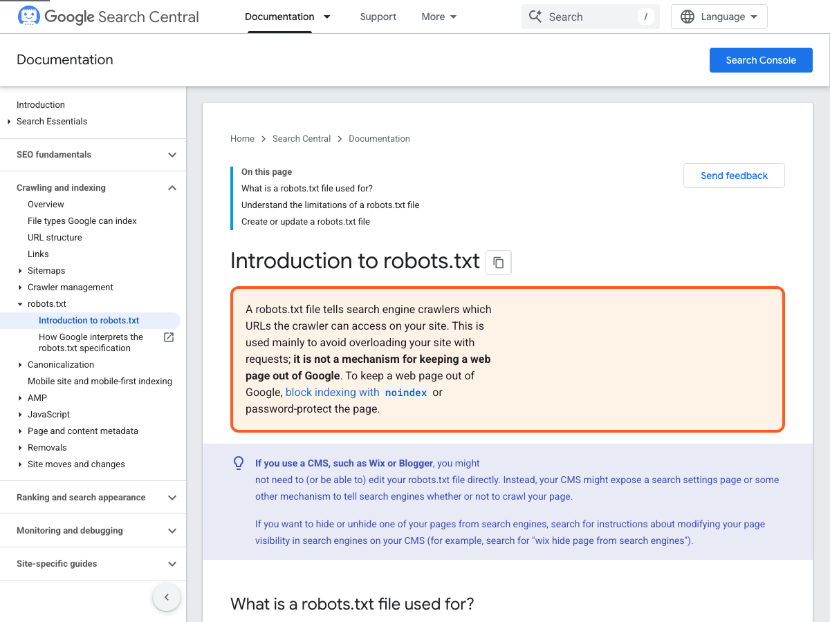 Highlighted excerpt from Google Search Central's robots.txt introduction stating that the file determines which URLs crawlers can access, and is not a way to hide pages from search results.