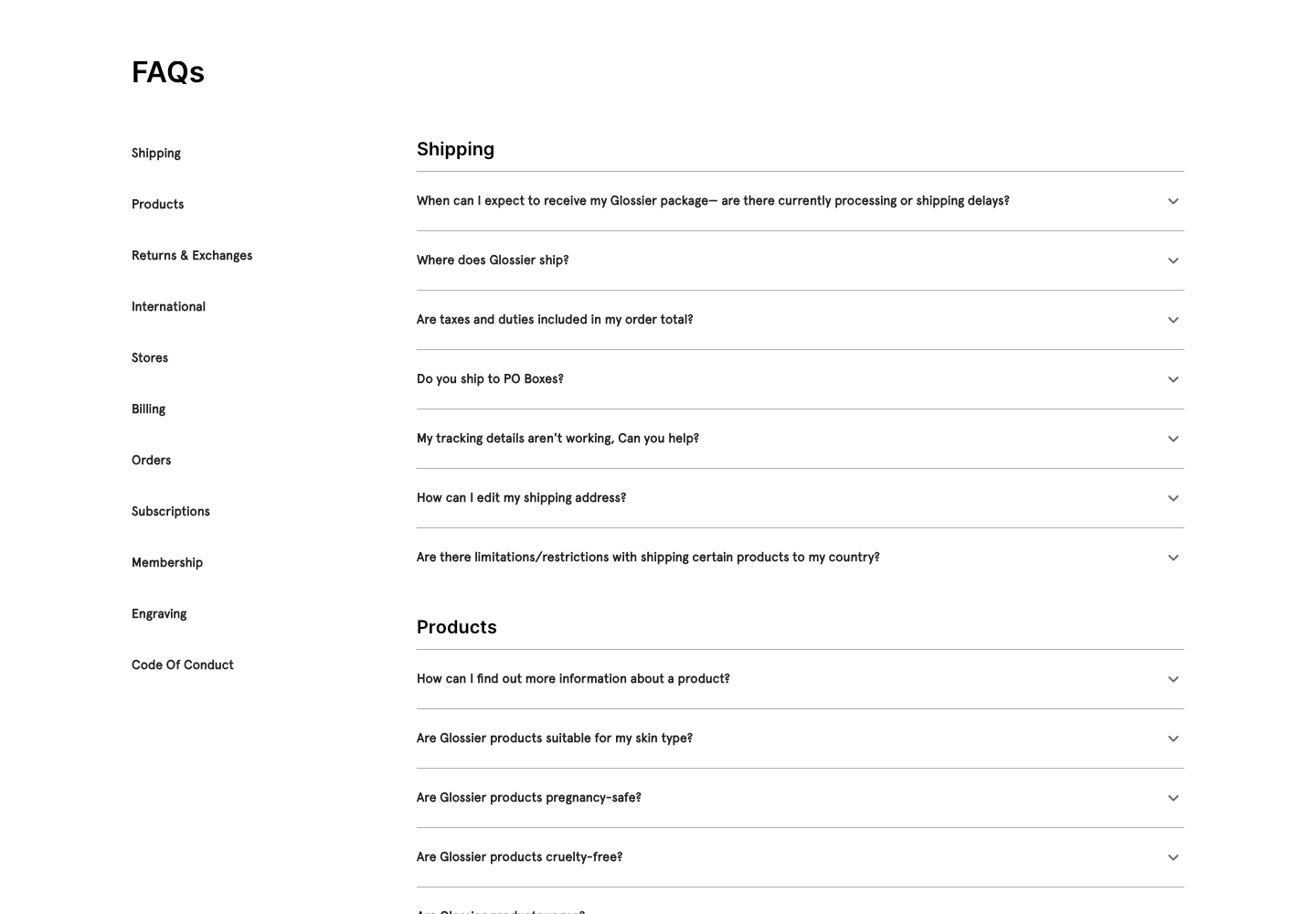 Glossier's official Help Center separates shipping and product questions, including skin type, pregnancy, authenticity, and product availability.
